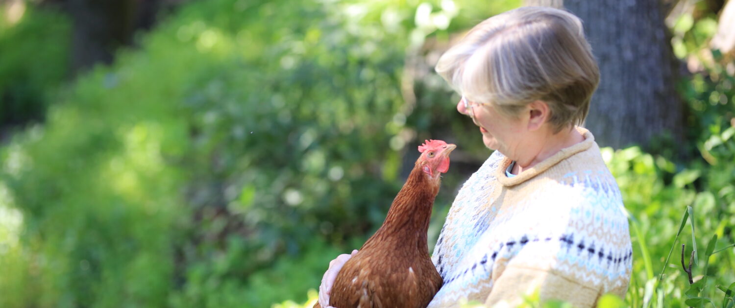 Shelley Adina Bates and Penny the chicken