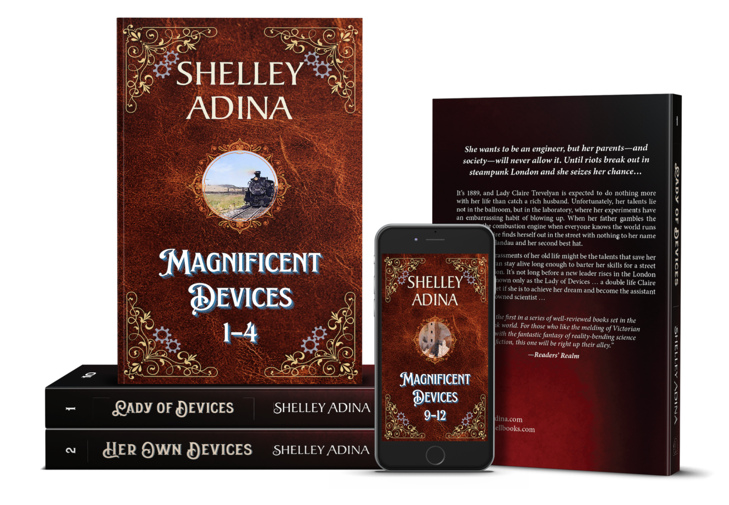Shelley Adina's Magnificent Devices books shown in multiple formats: phone, box set, print